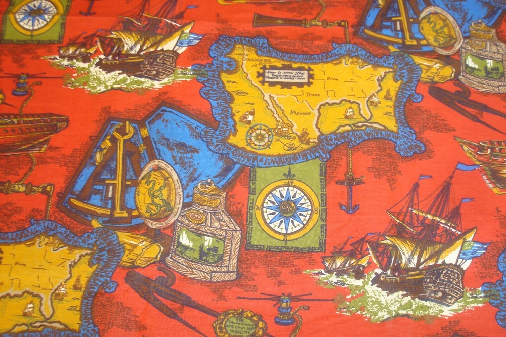 Vtg 1 of 5 yds Nautical Fabric Maps Ship Voyage drapery Cotton Red 44″ x 36″ BTY