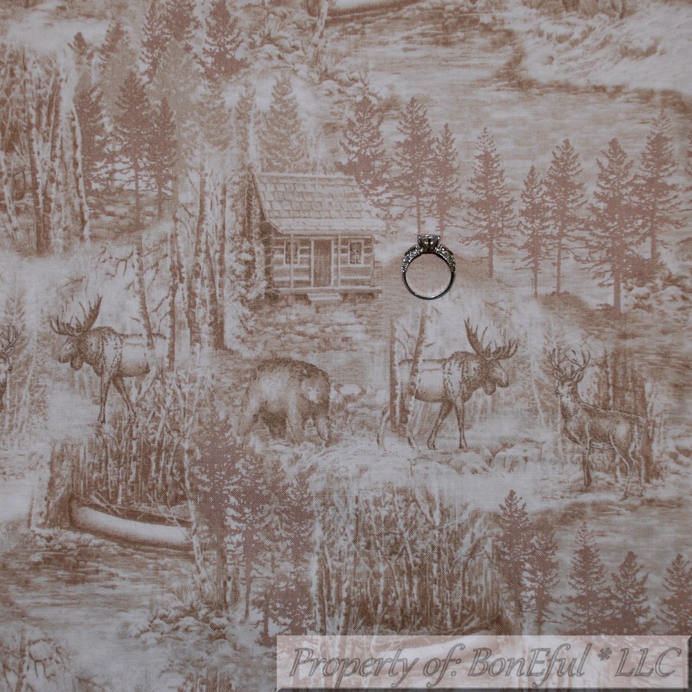 BonEful Fabric FQ Cotton Quilt Cream Scenic Tree Forest Woods Country Cabin Deer