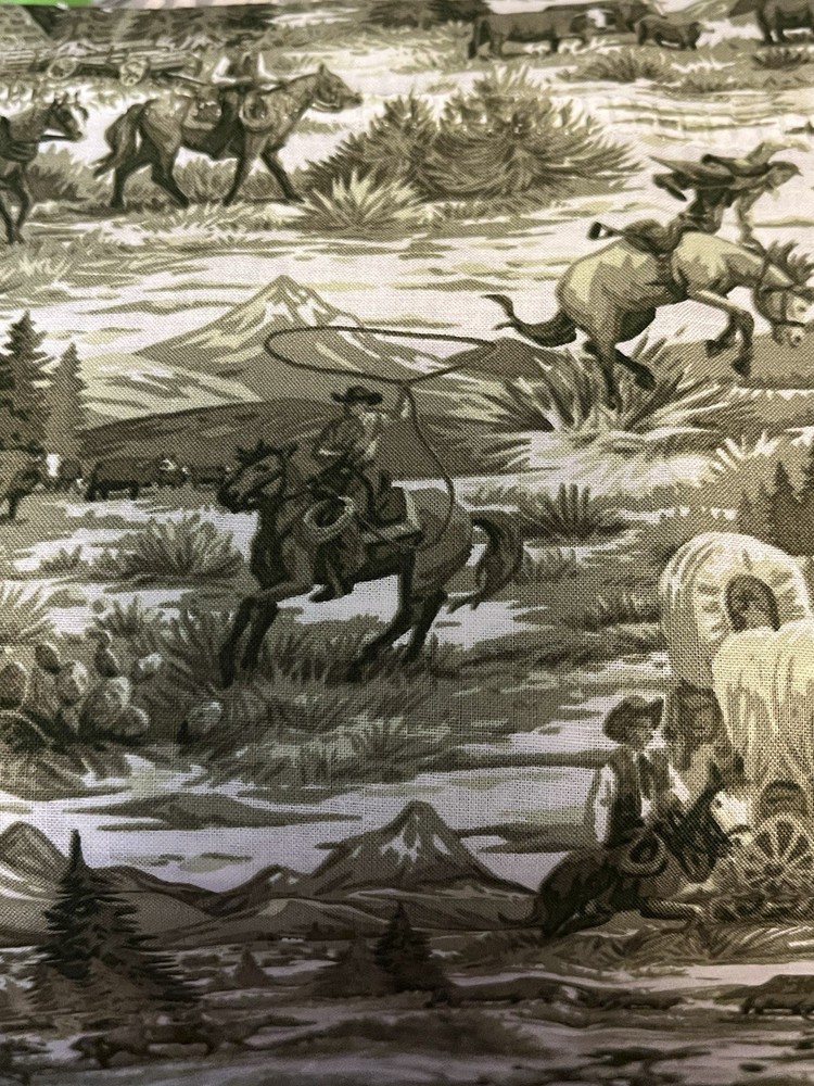 Western Scene Fabric 13” X45 Wagons Horses Cowboys Browns And White