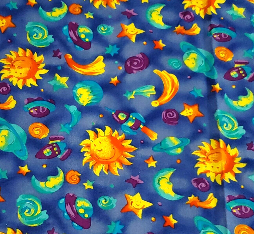 Cute Hoffman Cotton Fabric Outer Space on Blue Sun Planets Moon 44″ W x 1¾ Yds