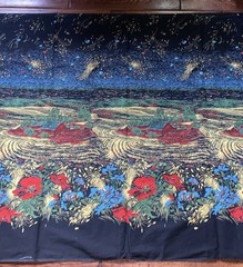 Vintage Farm Mural Fabric Flowers Hay Fields Bright Colors On Black 2 Yds 14”x34