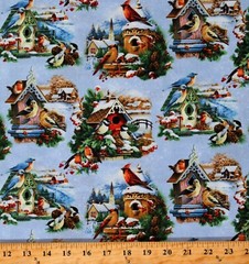 Cotton Birdhouses Birds Holiday Winter Blue Fabric Print by Yard D506.73