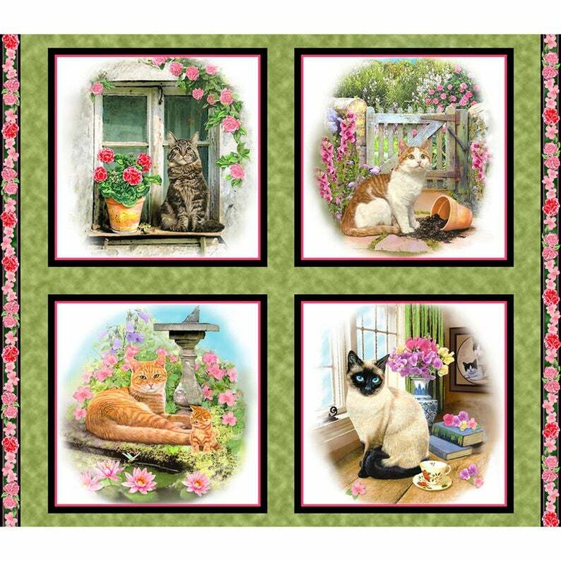 Cat Animal Garden Flowers Fabric 35″ X44″ Panel Cotton by QT
