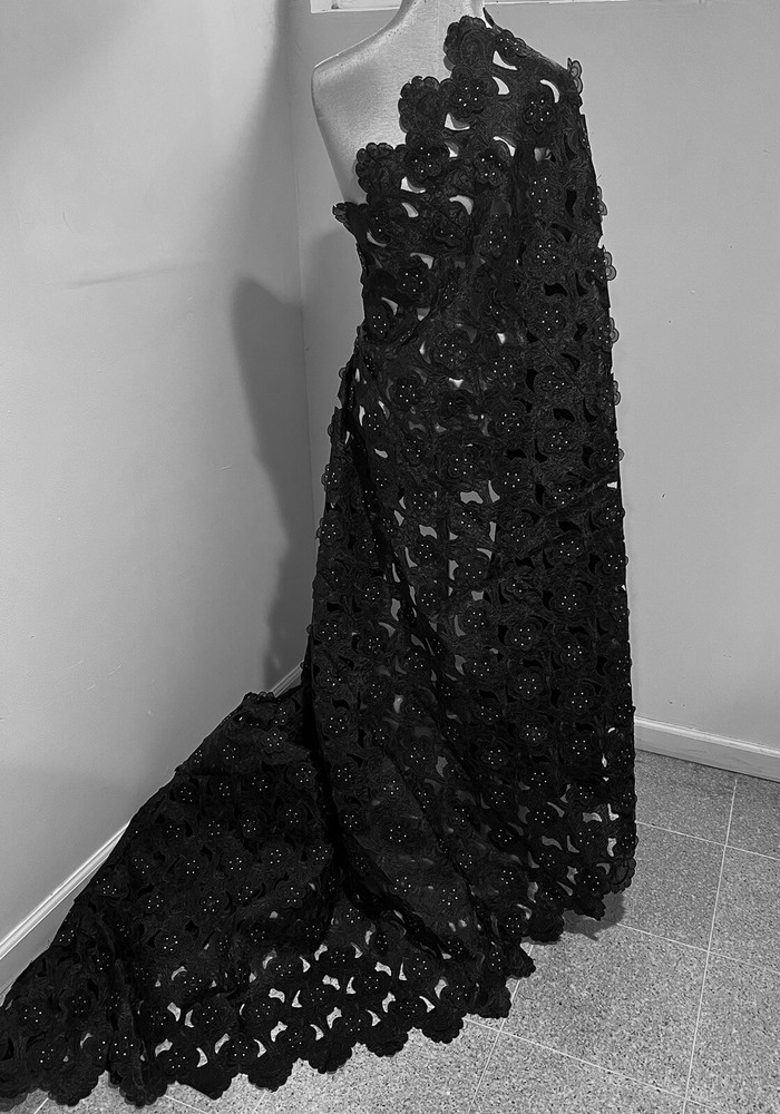 2 Yard BLACK Cutout Embroidery Rhinestones Organza Lace Fabric 50” Width