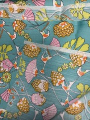 1970 Aqua Polyester Pinecone Fabric Orange Green Groovy Fan Shell 57” x 45”