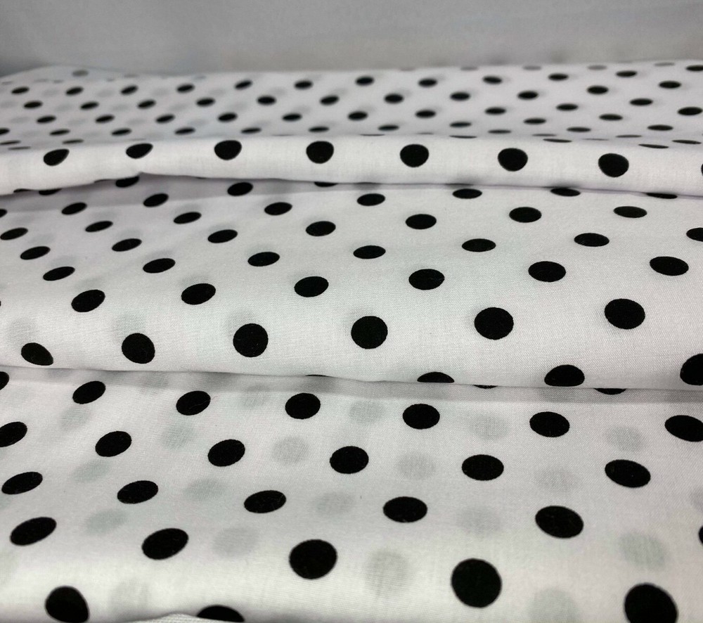 Black Polka Dot Print on White Poly cotton Polyester Blend Fabric 60″ By yard