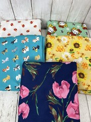 Bullet Fabric Knit Liverpool (5) 1 Yard Cuts Tulip Rose Sunflower Dog Novelty