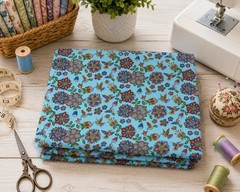 Elizabeth Studio Tucson Turquoise Hummingbird Flower Quilt Fabric by the Yard