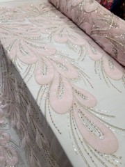 Floral 3D Lace Pink Embroidered Beaded Flowers Mesh Fabric Sold By The Yard Prom