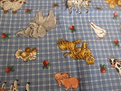 Cotton Fabric Farm Animals On Blue and White Gingham Checked Print 17″ x 44″