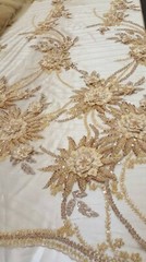 Champagne Gold Hand-Beaded Lace Fabric with 3D Floral Flowers on Mesh – Sold by