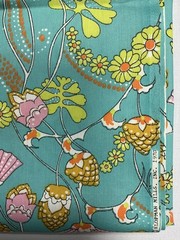 1970 Aqua Polyester Pinecone Fabric Orange Green Groovy Fan Shell 57” x 45”