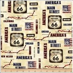 On The Road Again America Main Road Route 66 map Cream Cotton Fabric By 1/2 YARD