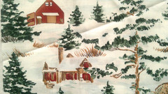 Fabric Red Rooster “First Snowfall” Green Trees and Outbuildings in Snow $5.00