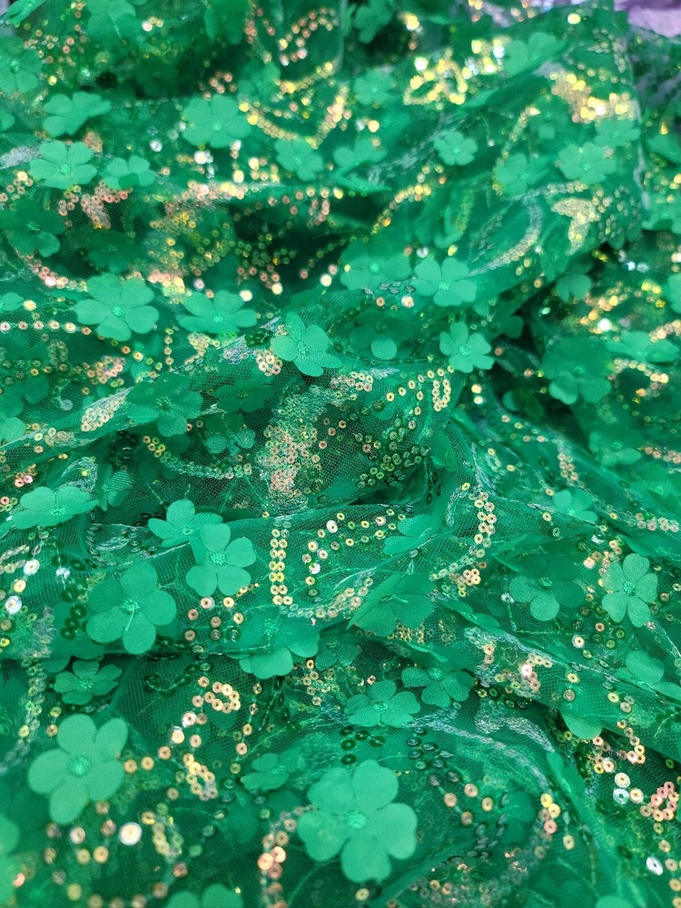 3D Flower Floral Embroidered Lace Emerald Green Fabric By Yard Prom Quinceañera