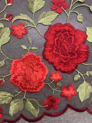 Iris RED Floral and Leaves Embroidery on BLACK Mesh Lace Fabric by the Yard – 1