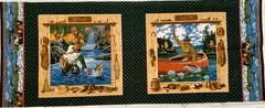 Fishermen in Canoes Blues Greens Brown Cranston Fabric Joan Messmor 17.5″ x 44″W