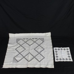 Vtg 24″ Square Tea Tablecloth & Napkin with Catwork Embroidery, Stained