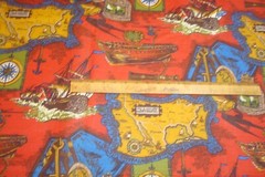 Vtg 1 of 5 yds Nautical Fabric Maps Ship Voyage drapery Cotton Red 44″ x 36″ BTY