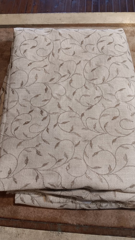 3+ sq. yds. Embroidered Linen Fabric, 84″ long x 56″ wide, Foliage, Taupe/Brown