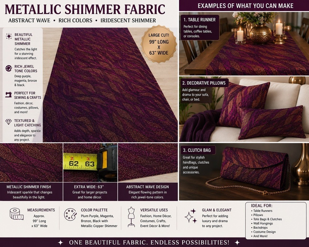 Purple Metallic Shimmer Fabric 99×63 Abstract Glitter Upholstery Craft Cloth