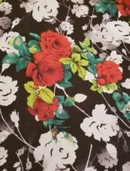 Black and White Floral-Print Chiffon with Lavish Red Roses