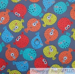 BonEful FABRIC FQ Cotton Quilt Gray Aqua Blue Red Orange Blow Fish Bubble Dot UK