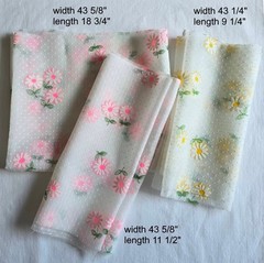 Mixed lot of flocked sheer floral fabric, pink yellow aqua blue, sizes in photos
