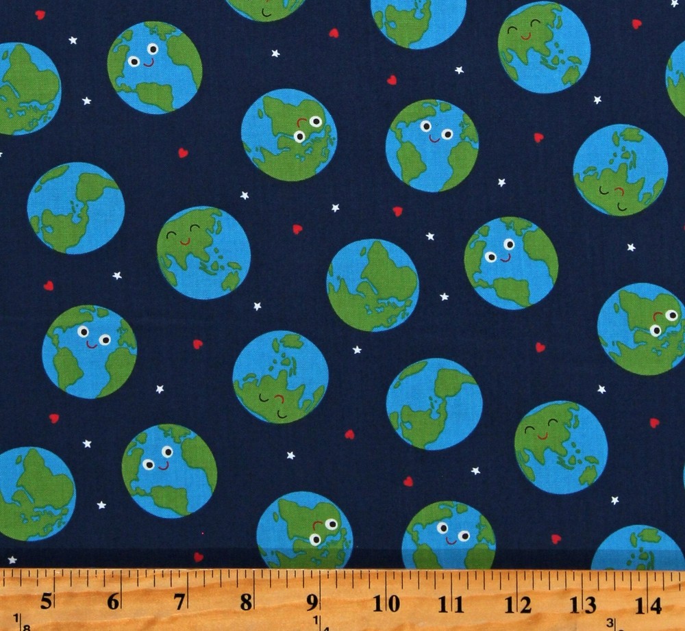 Cotton Planet Earth Globes World Stars Blue Fabric Print by the Yard D468.56