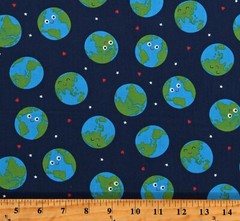 Cotton Planet Earth Globes World Stars Blue Fabric Print by the Yard D468.56