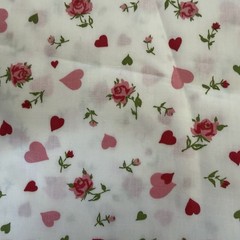 Vintage Fabric 2 + yards white pink hearts red roses Cottage Core Coquette Girly
