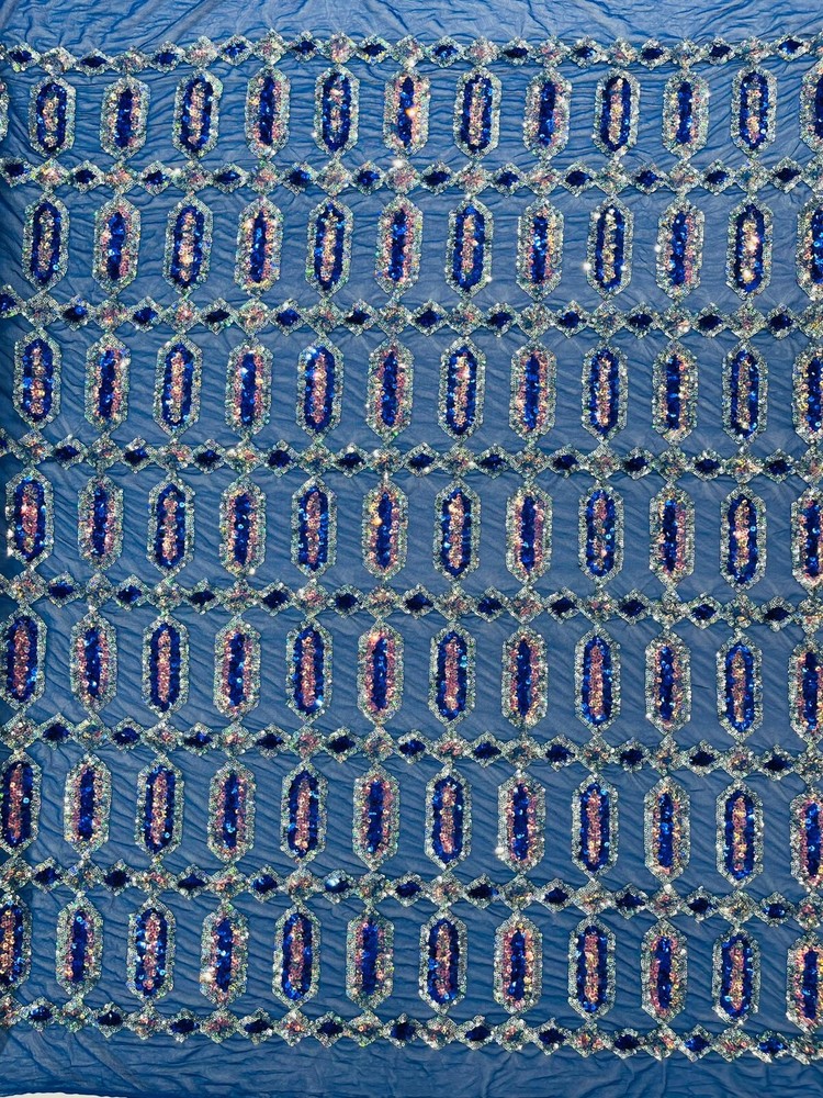 Royal Blue Fancy Gem Jewel Design Fabric – Geometric Sequins by Yard