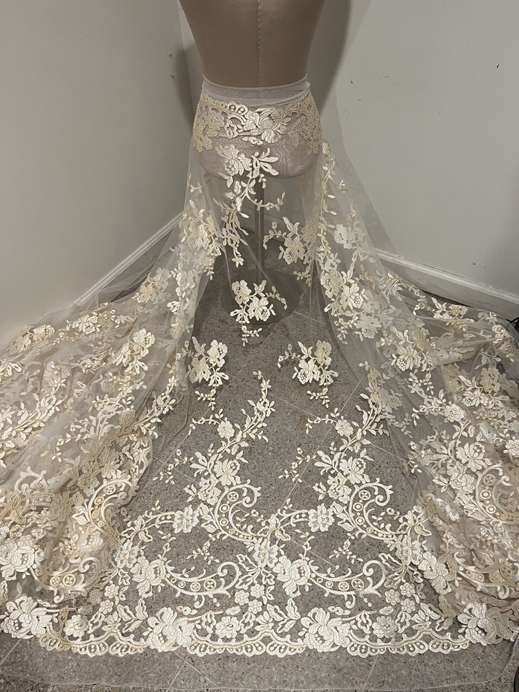 Ivory Gold Corded embroidery Bridal Lace Fabric 50” Width Sold By The Yard