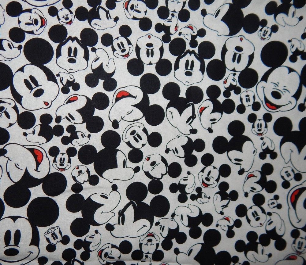 Many Faces of Mickey Mouse cotton quilt fabric white black 1 yd smile ears