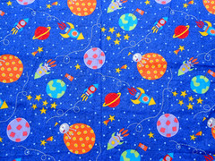 Planets Spaceship Stars Earth Sparkle Fabric Cotton BTY Kids Multicolored on Blu
