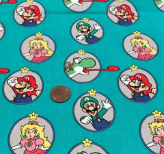 Super Mario & Friends*Badges*on Jade/Teal* Springs Creative*100% Cotton*8″ X 22″