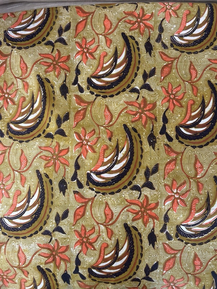 Vintage Indonesian Batik Orange & Brown Fabric Cotton 41 1/2” x 91”