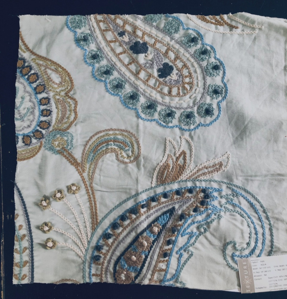 TEXTURE Pari in Aqua 16 1/2 x 17″ Embroidered Paisley Fabric Sample