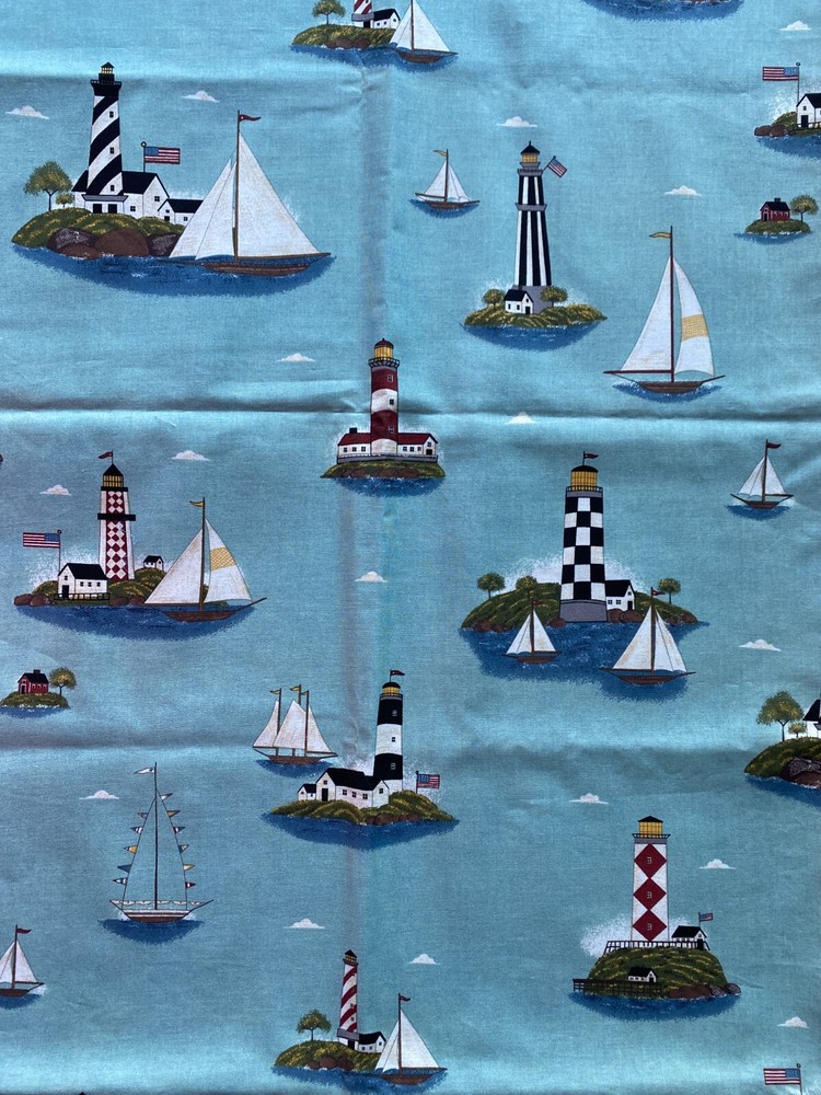 WARREN KIMBLE FABRIC~Coastal Scene~LIGHTHOUSES~Sailboats~FLAGS~Teal Bkgrnd~OCEAN