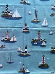 WARREN KIMBLE FABRIC~Coastal Scene~LIGHTHOUSES~Sailboats~FLAGS~Teal Bkgrnd~OCEAN