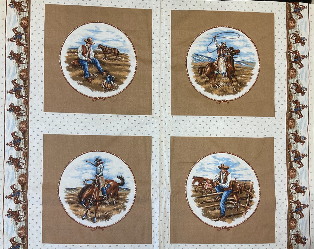 COWBOYS IN THE WILD WEST 4 BLOCK PANEL ON BROWN BY VIP CRANSTON, 35″x44″ (BROWN