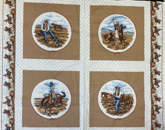 COWBOYS IN THE WILD WEST 4 BLOCK PANEL ON BROWN BY VIP CRANSTON, 35″x44″ (BROWN