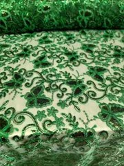´´Emerald Green Lace Fabric with Butterflies, Sequins, and Mesh for Dresses and