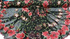 Fabric Sold By The Yard Red Embroidery Lace Floral Flowers on Black Mesh Prom