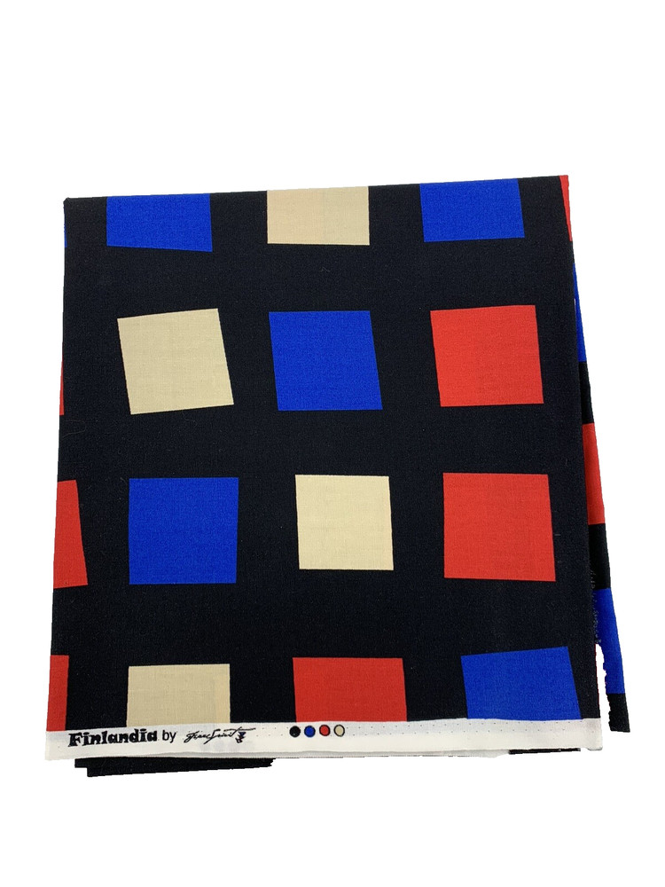 Finlandia Free Spirit Fabric Mod Mid Century Style Red Blue Tan Squares 1 yd