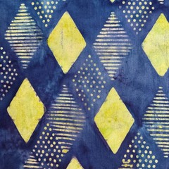 1 Yard Beautiful Unique Batik Fabric Royal Blue & Yellow Harlequin Diamonds QSQ