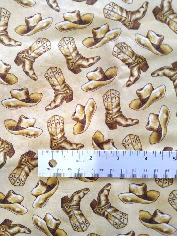1 yard cotton fabric COWBOY BOOTS + HATS western, brown on tan ~ SEE NOTE