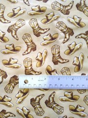 1 yard cotton fabric COWBOY BOOTS + HATS western, brown on tan ~ SEE NOTE