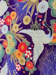 Japanese Cotton Fabric – Crane & Floral Pattern Purple Gold (1 Meter)
