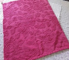 Fuchsia Pink Rose Vtg Woven Chenille Bedspread Fabric, Reversible Hobnail 20×25″